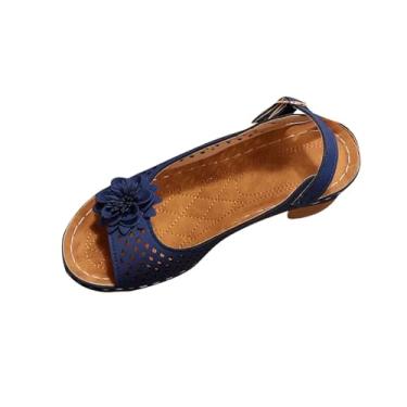 Imagem de Sandálias femininas modernas casuais de bico redondo com tiras de salto bloco de 7 cm para uso diário, Azul royal, 39