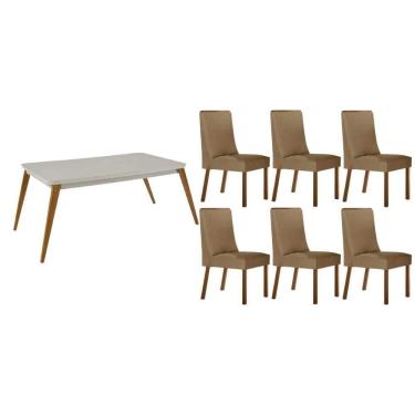 Imagem de Sala Jantar Mesa Havana Tampo c/ Vidro Curvo 180cm+6 Cadeiras Dakota Madeira Naturale/Off White - Capuccino/Linho Bege - Rufato