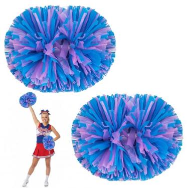 Imagem de LANGFON 2 pompons de líder de torcida para eventos esportivos, pompons de líder de torcida rosa e azul com alça de bastão anel de plástico para celebração de desempenho de palco esportivo de futebol e