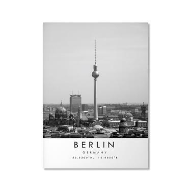 Imagem de Pôster de viagem preto e branco impressão paisagem da cidade do mundo pintura em tela Berlim Wall Art Picture Decoração de casa (16 x 24 polegadas (40 x 60 cm), sem moldura)