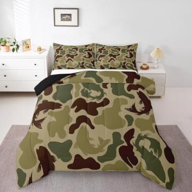 Imagem de Feelyou Conjunto de edredom casal, camuflado, verde, caçador, para meninos e adolescentes, decoração de lúcio, pesca, temática de caça, conjunto de edredom de quarto, 3 peças