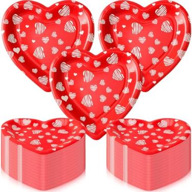Imagem de Domensi 100 peças de pratos de papel para o dia dos namorados vermelho coração do amor, pratos de papel descartáveis, 18 cm, utensílios de mesa para festa do amor, para aniversário dos namorados