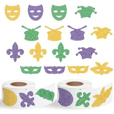 Imagem de CNhoqc Mardi Gras Sticker Rolls - 1000Pcs Happy Mardi Gras Fleur-De-Lis Mask Drum Glitter Stickers, Golden Green Purple Waterproof PET Decals for Water Bottle Carnival Maskquerade Ball Party Supplies