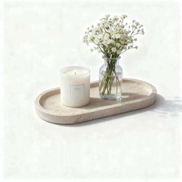 Imagem de GEOONA Bandeja oval de travertino para organizador de bancada de cômoda de banheiro, bandeja de mármore natural para perfume, velas, anel, prato decorativo de joias