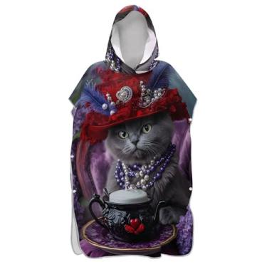 Imagem de Poncho de surfe vintage de gato colorido para adultos trocador com capuz toalha de natação plus size ponchos adultos para mulheres