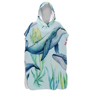 Imagem de Poncho de surfe trocador de roupão para banho de praia Adul toalhas com capuz plus size baleias azuis desenho animado poncho masculino com capuz