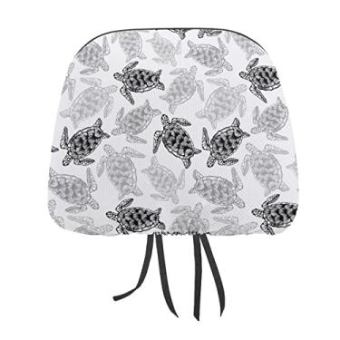 Imagem de Desenho sem costura tartarugas marinhas preto cinza estilo branco 2 peças capas de protetor de cabeça universal para assento de carro, capa macia para encosto de cabeça de carro, acessórios de