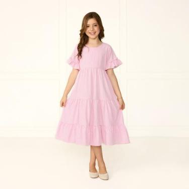 Imagem de Vestido Infantil Alice Listrado Rosa Com Manga Babado Casamento Festiv