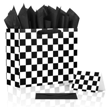 Imagem de Carro Corrida Sacolas Lembrancinhas Conjunto, Carro Corrida Sacolas Lembrancinhas Inclui Cartão Cumprimentos Envelope Papel Seda e Papel Presente Xadrez Preto Branco para Crianças e Adultos