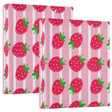 Imagem de Fichários fofos com três anéis de listras rosas, morangos vermelhos, 200 folhas, caderno, fichário, 31,5 x 27 x 6 cm, pacote com 2