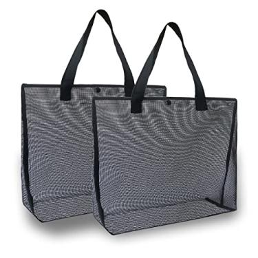 Imagem de hsmyank Sacola de praia grande e leve de malha simples com botão de pressão, reutilizável, bolsa de piscina para viagens ao ar livre, compras, academia, Preto, Large