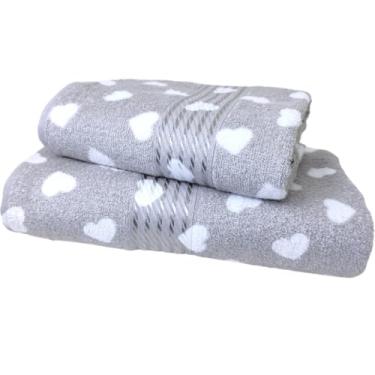 Imagem de Jogo Toalha de Banho e Rosto Felpuda 2 Peças - Algodão com Detalhes em Viscose e Alta Absorção (Love Cinza)