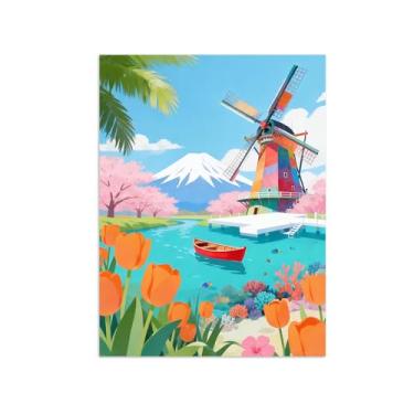 Imagem de Pôster paisagem - Flores primavera moinho vento mar - Impressões em Tela - Imagem Moderna Natureza para Sala de Estar Decoração 60x80cm Sem Moldura