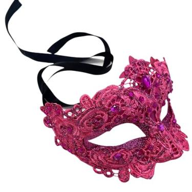 Imagem de MASQ Par de máscaras de baile de máscaras de renda brocado burlesco Mardi Gras aniversário formatura festa de casamento (renda rosa fúcsia)