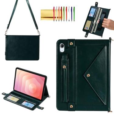Imagem de Capa de mão para tablet Samsung Galaxy Tab S11 2025 de 11 polegadas, capa carteira transversal Techcircle com suporte para caneta e bolso para cartões, alça de mão/ombro, verde meia-noite