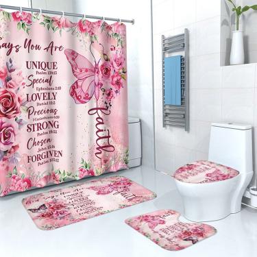 Imagem de Conjunto de cortinas de chuveiro Butterfly & Rose com tapete de banheiro, 4 unidades