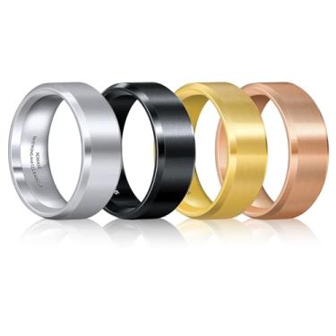 Imagem de Romass 4 anéis para homens e mulheres, anéis de casamento de aço inoxidável versículo bíblico prata/preto/ouro/ouro rosa superfície fosca de 8 mm, borda chanfrada polida caixa de joias para presentes