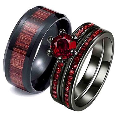 Imagem de Anéis de Casal RingHeart Pretos Dourados Redondos Vermelhos Cz Conjuntos de Anéis de Casamento Femininos de Titânio Grão de Madeira Aliança de Casamento Masculina Vermelho