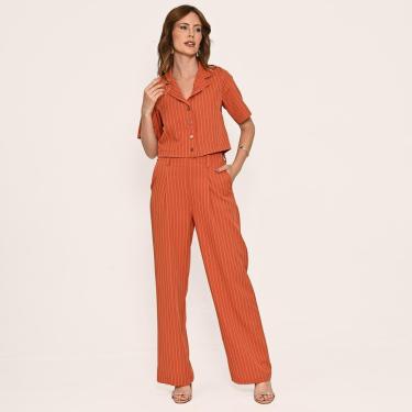 Imagem de Conjunto Bisô Camisa e Calça Alfaiataria Risca de Giz Terra-Feminino