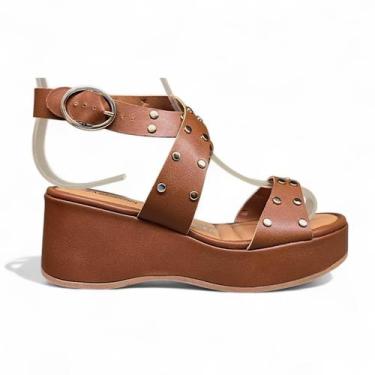 Imagem de Sandalia Mississipi MF505 Anabela Tiras no Tornozelo Tachas, Tabaco, 3