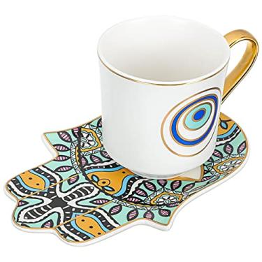 Imagem de Xícara de café olho azul turco com pires conjunto 200ml cerâmica mau olhado copo beber símbolo de proteção amuleto xícara de chá leite caneca de água presente