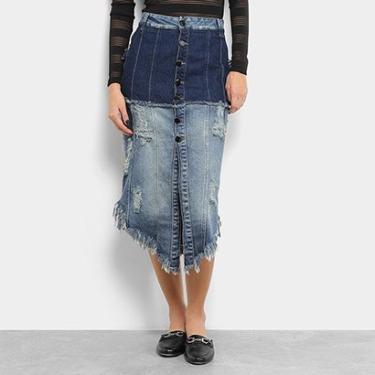 Imagem de Saia Jeans Midi Open Puídos Feminina-Feminino