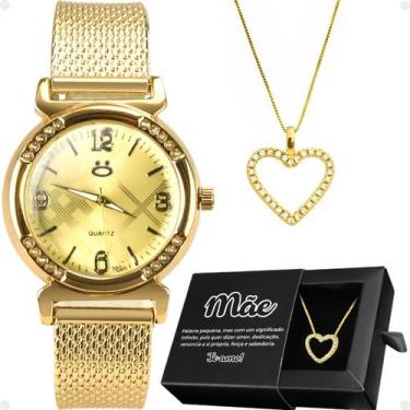 Imagem de relogio feminino dourado aço + colar mãe coração + caixa strass qualid