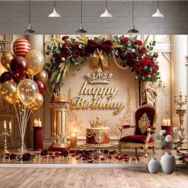 Imagem de NYMB Pano de fundo de feliz aniversário bordô e dourado, fundo de festa com coroa floral de rosa vermelha, decoração de cabine de fotos para mulheres/meninas aniversário/chá de bebê/suprimentos de