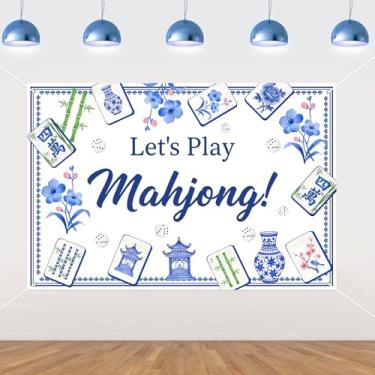 Imagem de Sursurprise Decoração de festa Mahjong, 1,5 x 0,9 m azul Let's Play Mahjong pano de fundo banner fotografia cabine de fotos decoração de estúdio para Mah Jong aniversário jogo celebração festa