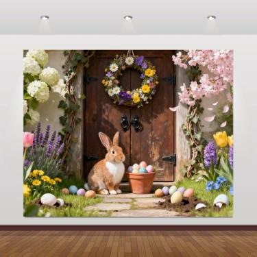 Imagem de Pano de fundo de primavera Páscoa 3 x 2,4 m páscoa rústica porta celeiro banner coelho flor ovos fundo para decoração de jardim, quintal, festa, Hello Spring, cabine fotográfica, presente