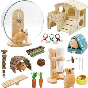 Imagem de CELLENOMC 32 acessórios para gaiola de hamster, roda silenciosa para hamster, conjunto de 22 brinquedos para mastigar, esconderijo de madeira, casa de lã, conjunto de garrafa de água, tigela de comida
