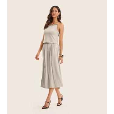 Imagem de Conjunto Feminino Blusa Com Saia Midi Endless Bege, G, Bege