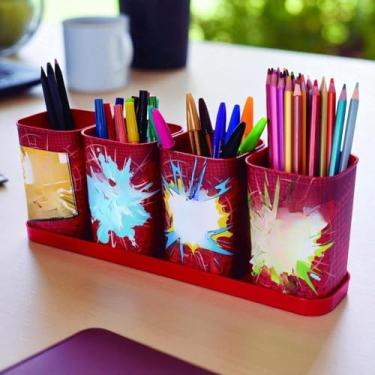 Imagem de Organizador Plástico com Bandeja - Porta-Caneta e Lápis Decorativo para Mesa de Escritório, Home Office e Ambientes Domésticos (VINGADORES VERMELHO)