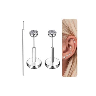 Imagem de Gotumo 20G Brincos de titânio com costas planas, piercing de nariz sem fio, cartilagem, lábio, medusa, piercing corporal, hipoalergênico, para mulheres e homens, 20G Bar Lengths 6mm & CZ 2mm, Titânio