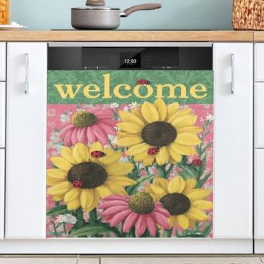Imagem de Welcome Girassóis Flores Padrão Rosa Capa Ímã Máquina de Lavar Louça Cozinha Primavera Decorativa Reutilizável Capa Decalque para Armários Painel Eletrodomésticos 58 x 66 centímetros