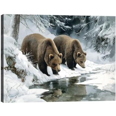 Imagem de Halioyo Arte de parede em tela de urso marrom da floresta de neve, decoração de parede natureza selvagem, pintura moderna de urso da floresta para sala de estar, quarto, corredor, escritório, pronto