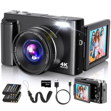 Imagem de Câmera digital 4K para foco automático de fotografia, câmera vlogging de 48 MP 2026 para YouTube com cartão SD, 2 baterias, tela flip de 3 polegadas 180°, câmera de viagem compacta para adolescentes