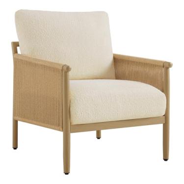Imagem de CHITA Cadeiras com detalhes trançados, poltrona moderna com acabamento de madeira moldura de metal para sala de estar e quarto, cadeira de leitura boho, creme
