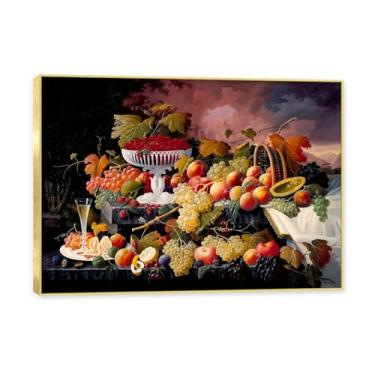 Imagem de Moldura dourada. Arte vintage emoldurada de frutas mortas, pintura clássica de cozinha country, decoração de parede de casa de fazenda quente para sala de jantar e cozinha. C01. 80 x 112 cm-31,4 x