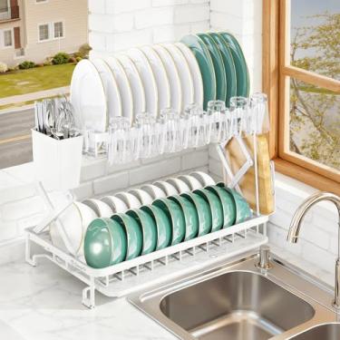 Imagem de Escorredor de pratos de 2 camadas para balcão de cozinha, escorredores de pratos grandes para cozinhas, balcão de aço inoxidável, escorredor de pratos de cozinha de aço inoxidável, coador de pratos