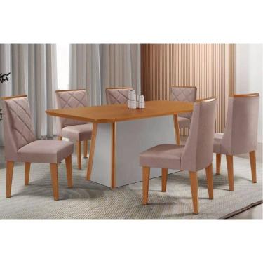 Imagem de Mesa Cozinha Tilia c/ Tampo Madeirado Canto Curvo 180x90cm e 6 Cadeiras Pietá Madeira Maciça Naturale/Off White - Capuccino/Linho Capuccino-Rufato