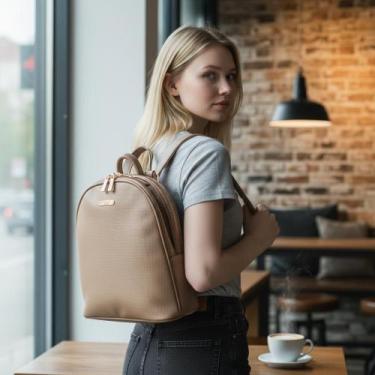 Imagem de Mochila Feminina Couro PU Elegante Com 2 Divisórias Bolso Antifurto Mé