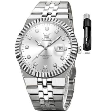 Imagem de OLEVS Relógios masculinos de luxo com calendário de diamantes de aço inoxidável, vestido de negócios, à prova d'água, luminoso, moderno, relógio masculino, relógio branco prateado, relógio masculino