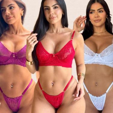 Imagem de Kit 3 Conjuntos Renda Meia Taça Laura Tamanho:GGCor:Vermelho Fúcsia Br