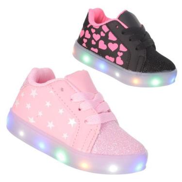 Imagem de Tênis Led Luz Glitter Feminino infantil Preto ou Rosa PC013, Rosa, 27