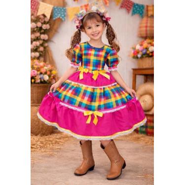 Imagem de Vestido Xadrez Infantil Rosa Pink Colorido Festa Junina Junino Caipira