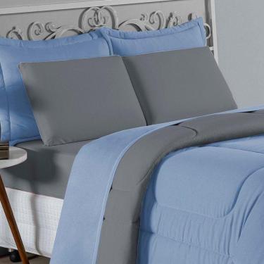 Imagem de Kit Edredom Dupla Face + Jogo De Lençol Casal Nobre 6 Peças Malha 100% Algodão - Azul-bebê / Cinza