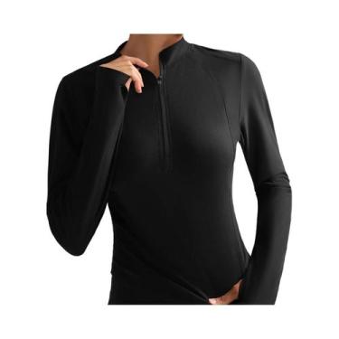 Imagem de Camiseta Feminina Slim Fit De Manga Longa Com Zíper Frontal, Bolso Tra