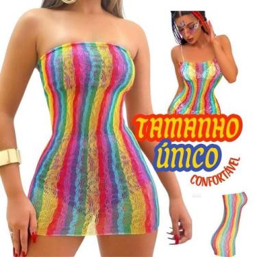 Imagem de Vestido Sem Alça Arrastão Saida Praia Colorido Fashion Transparente Mo