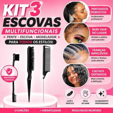 Imagem de Kit 3 Pentes de Penteados Escova Escovinha Pente Baby Hair Sobrancelha